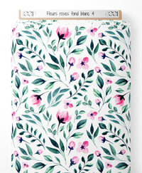 Tissu - Fleurs roses sur fond blanc 4