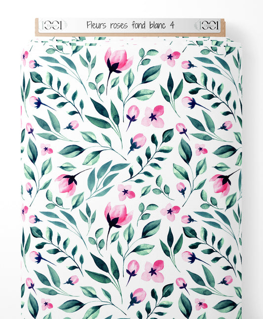 Tissu - Fleurs roses sur fond blanc 4