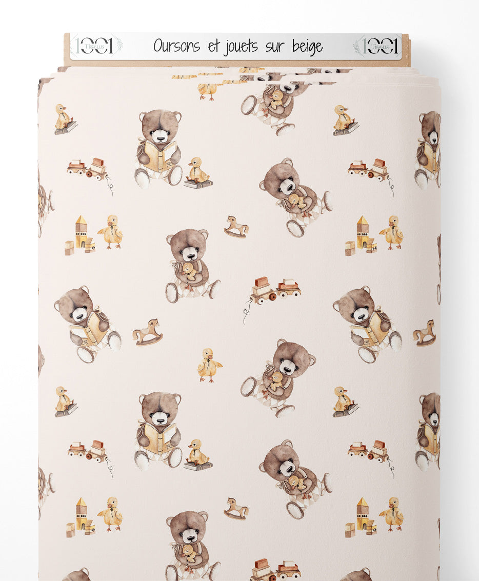 Tissu - Oursons et jouets sur beige