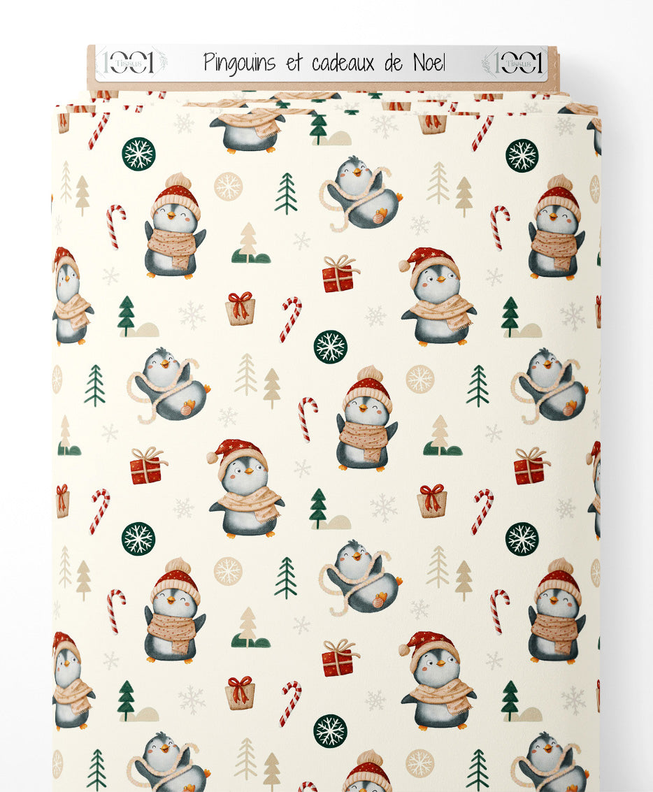 Tissu - Pingouins et cadeaux de Noël