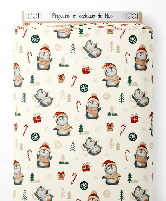 Tissu - Pingouins et cadeaux de Noël