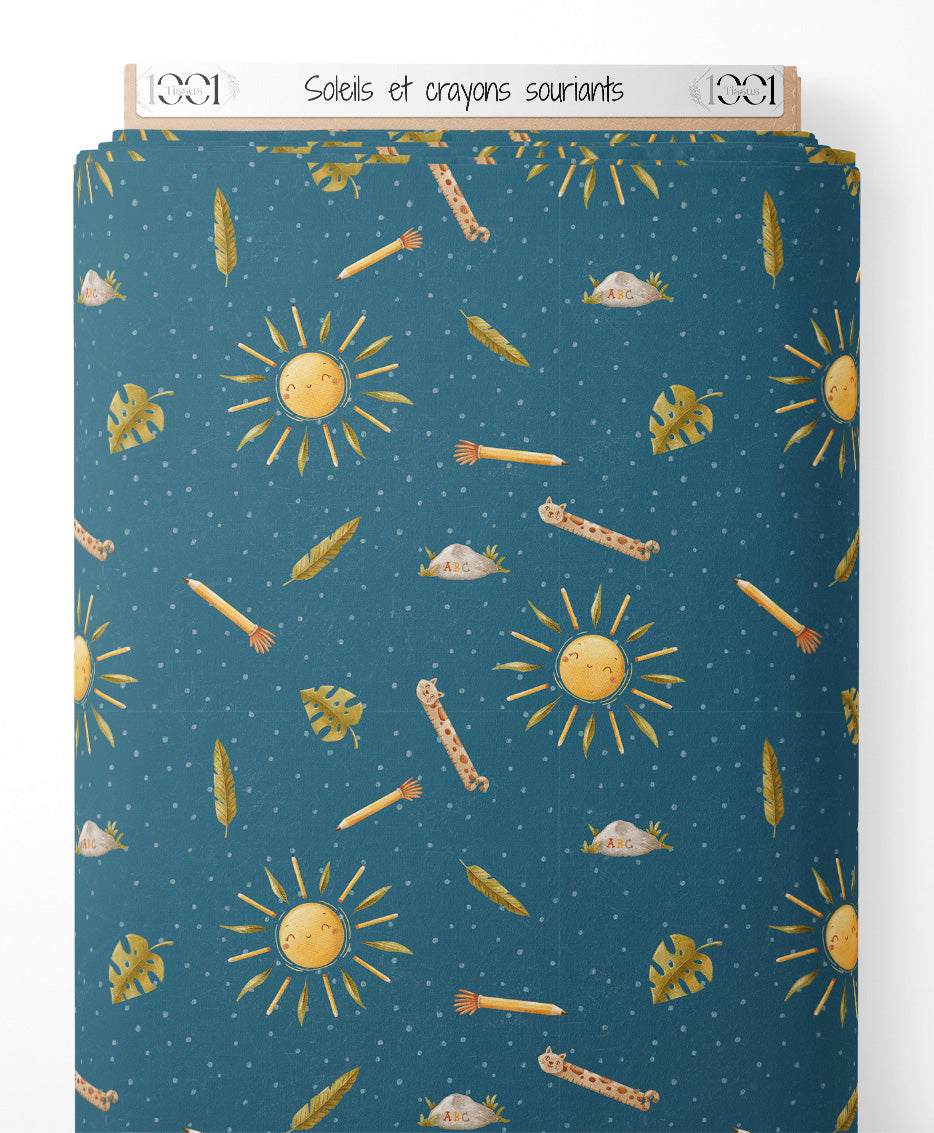 Tissu - Soleils et crayons souriants