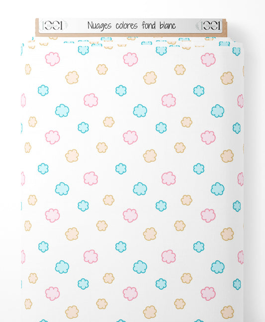 Tissu - Nuages colorés fond blanc