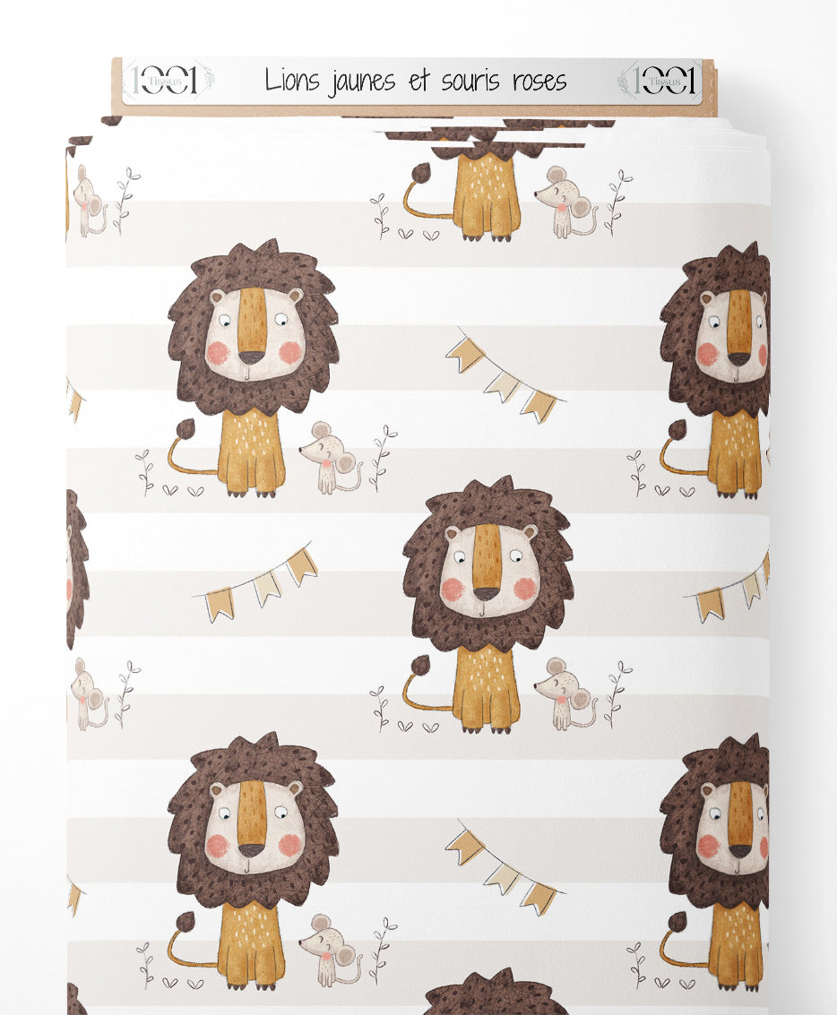 Tissu - Lions jaunes et souris roses