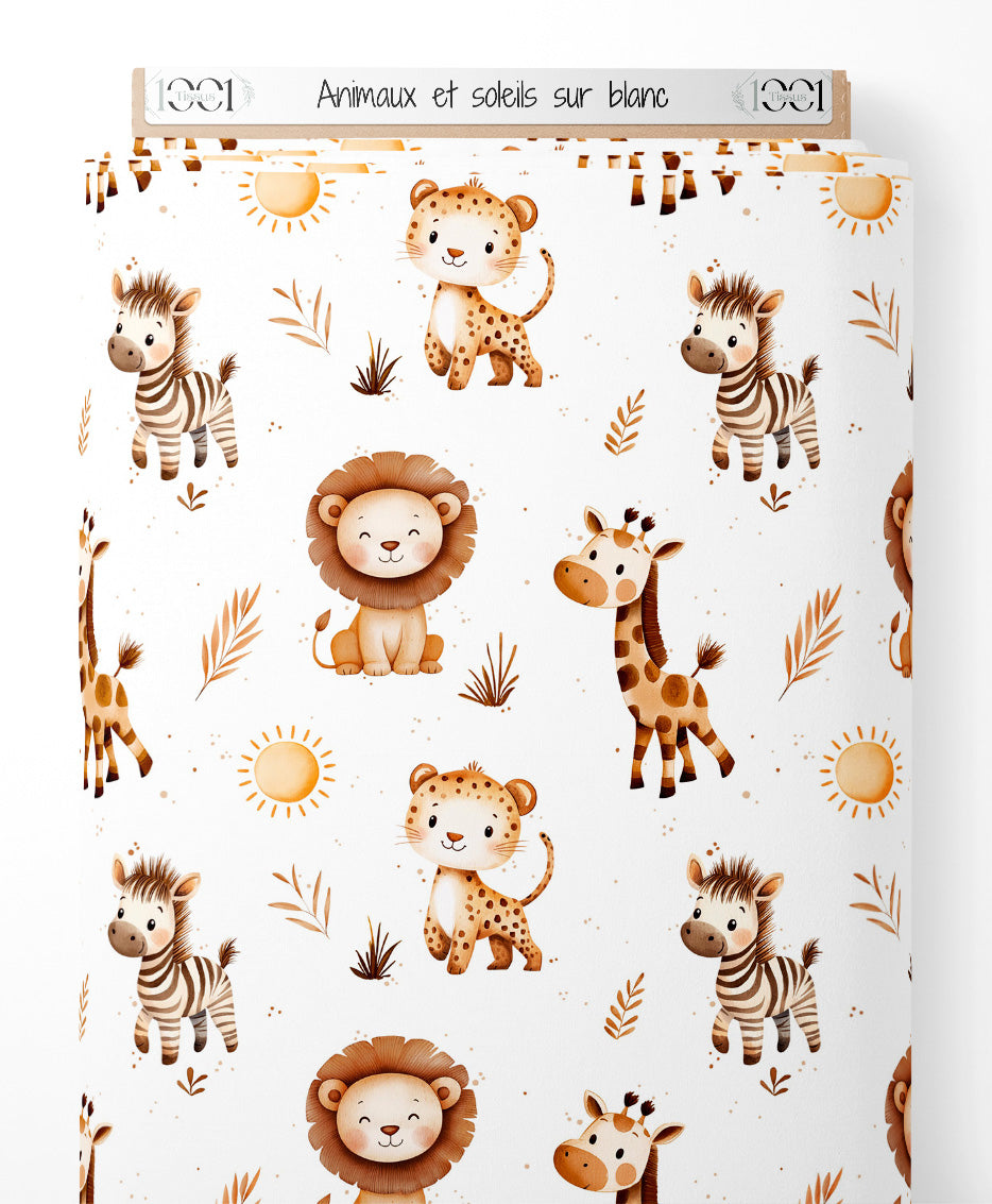Tissu - Animaux et soleils sur blanc