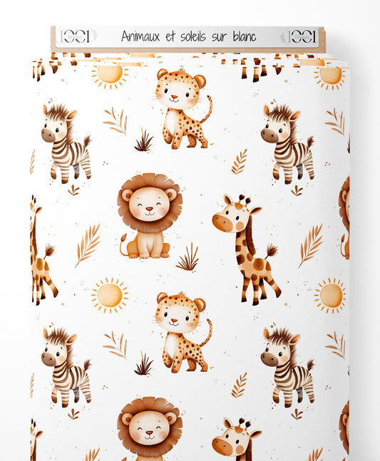 Tissu - Animaux et soleils sur blanc