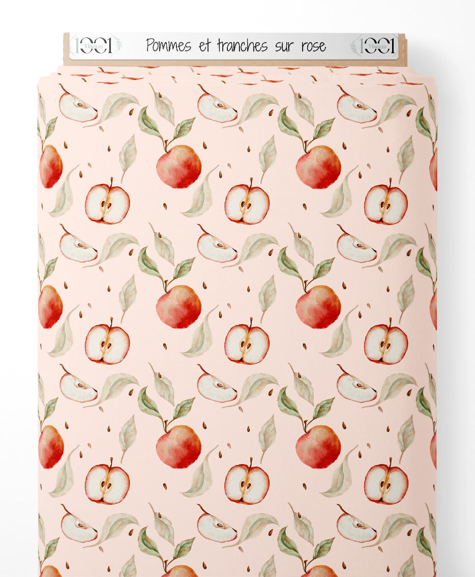 Tissu - Pommes et tranches sur rose