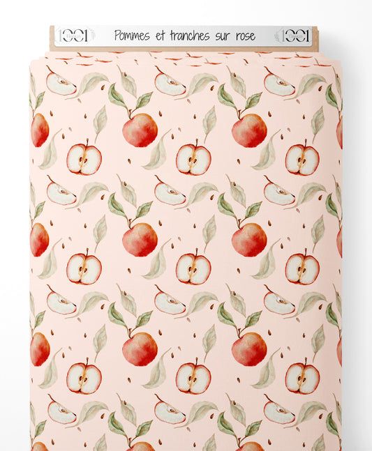 Tissu - Pommes et tranches sur rose