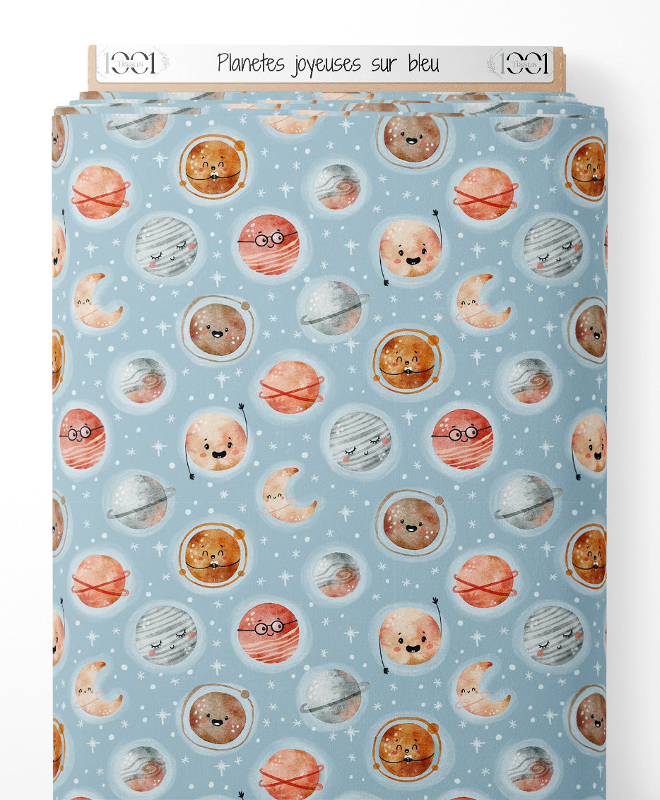Tissu - Planètes joyeuses sur bleu