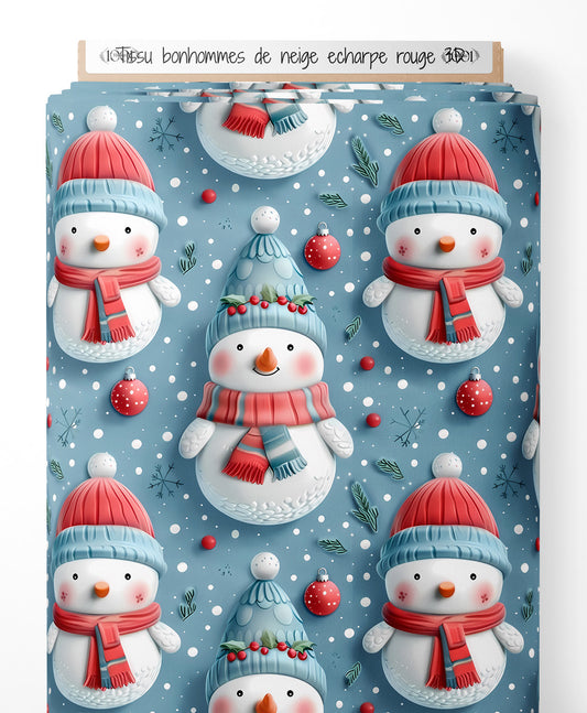 Tissu - bonhommes de neige echarpe rouge 3D