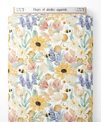 Tissu - Fleurs et abeilles aquarelle