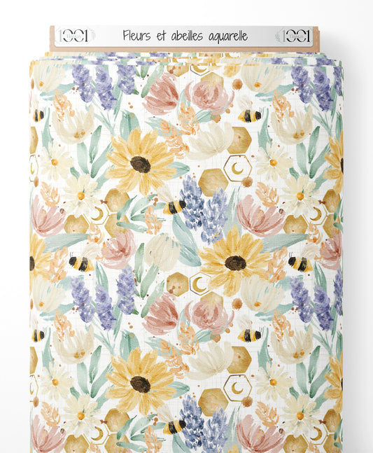 Tissu - Fleurs et abeilles aquarelle
