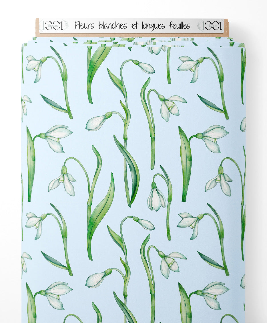 Tissu - Fleurs blanches et longues feuilles