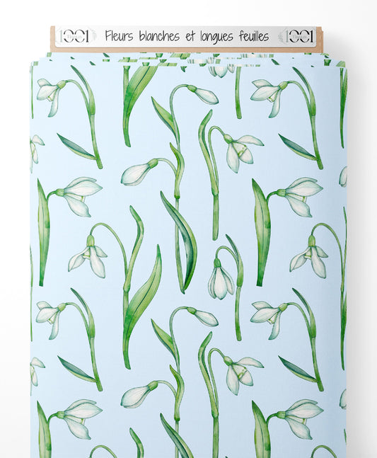 Tissu - Fleurs blanches et longues feuilles