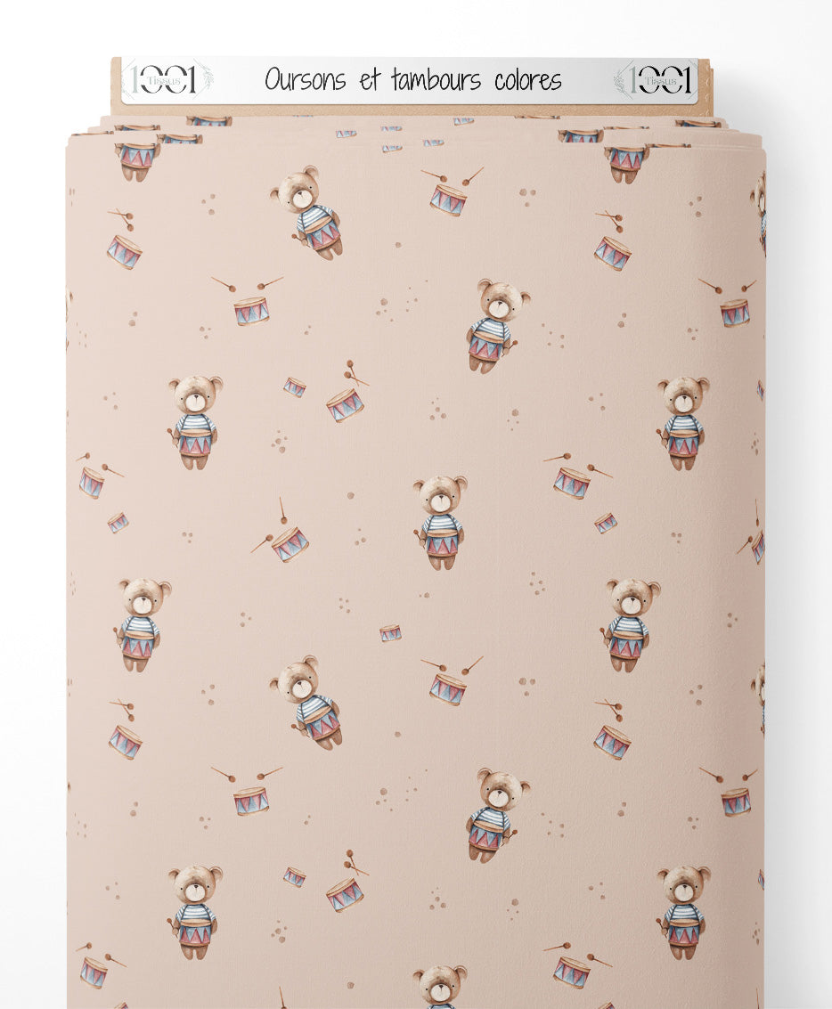 Tissu - Oursons et tambours colorés