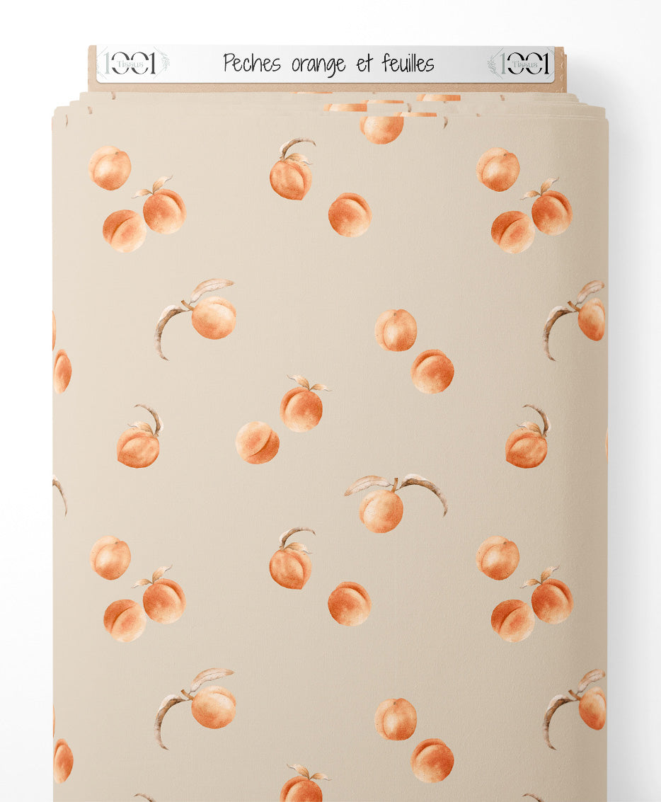 Tissu - Pêches orange et feuilles