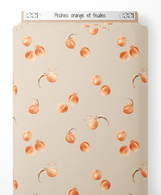 Tissu - Pêches orange et feuilles