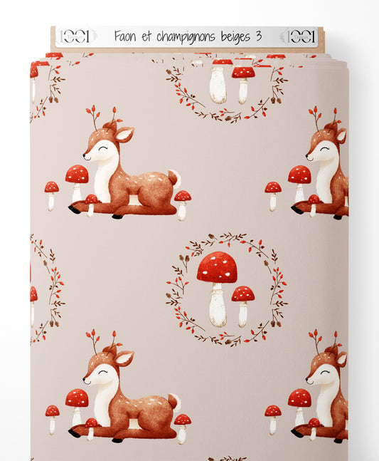 Tissu - Faon et champignons beiges 3