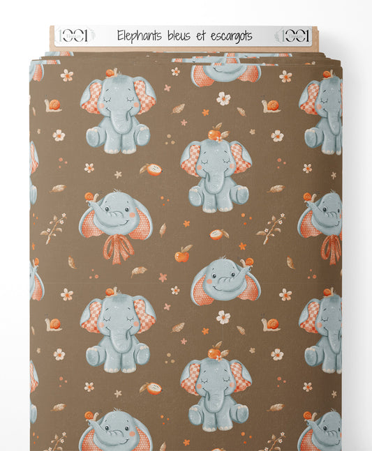 Tissu - Éléphants bleus et escargots