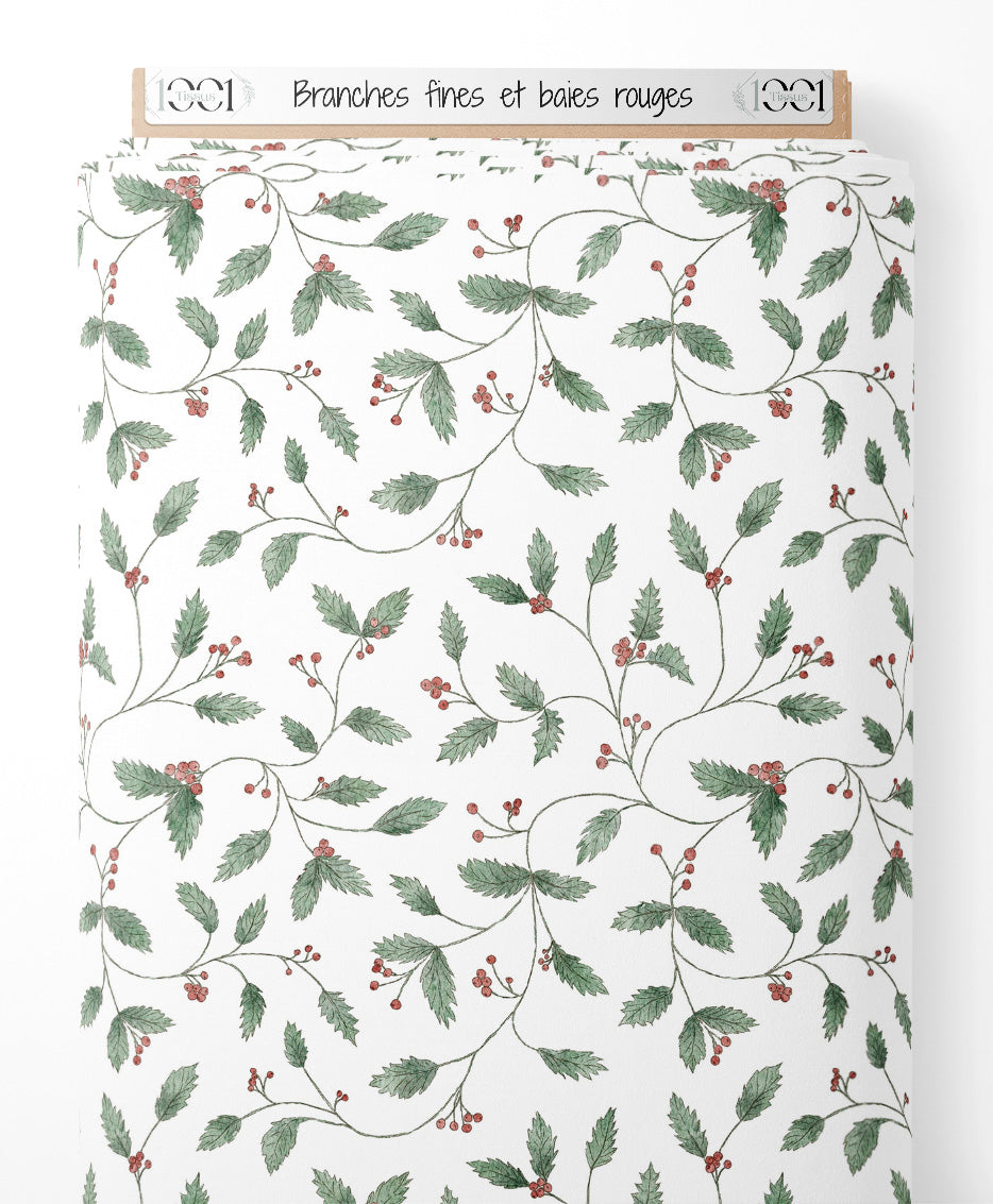 Tissu - Branches fines et baies rouges