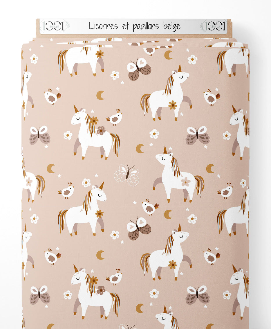 Tissu - Licornes et papillons beige