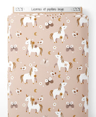 Tissu - Licornes et papillons beige