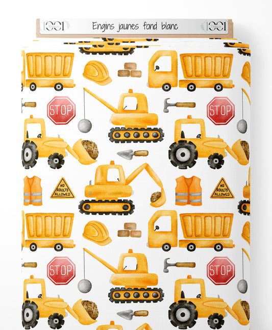 Tissu - Engins jaunes sur fond blanc