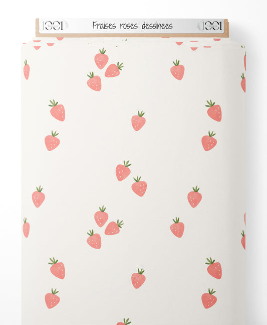 Tissu - Fraises roses dessinées