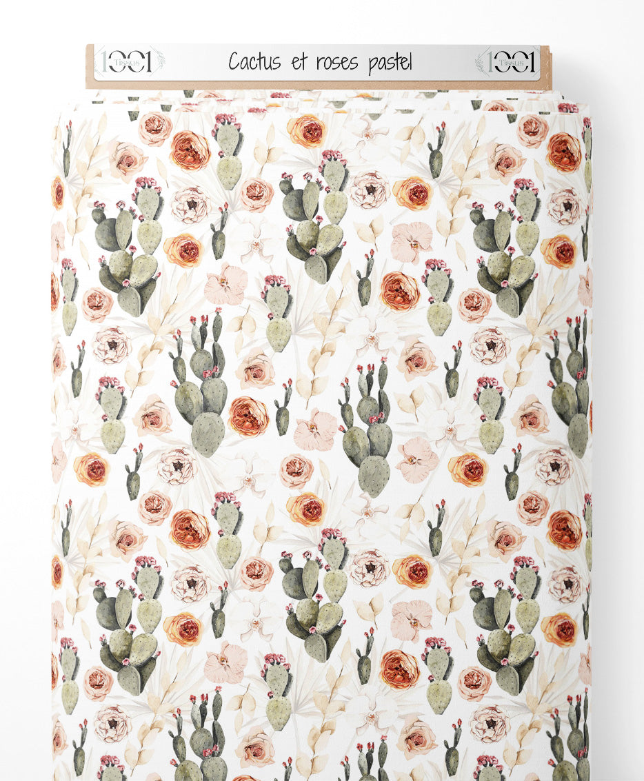 Tissu - Cactus et roses pastel
