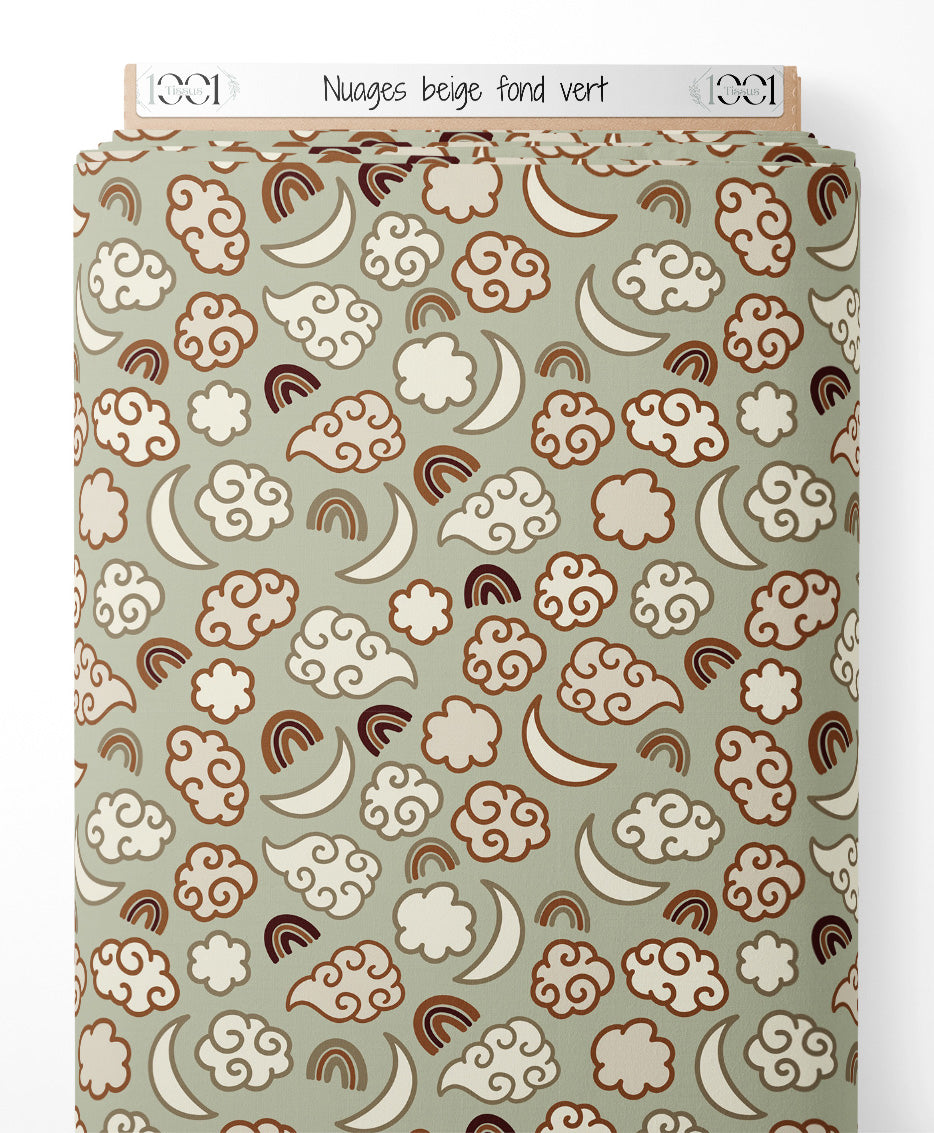 Tissu - Nuages beige sur fond vert