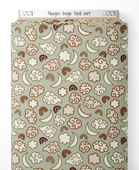 Tissu - Nuages beige sur fond vert
