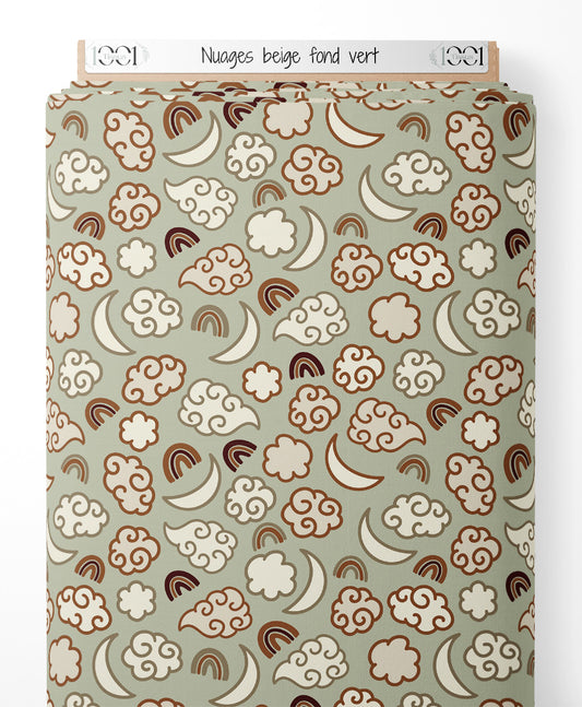 Tissu - Nuages beige sur fond vert