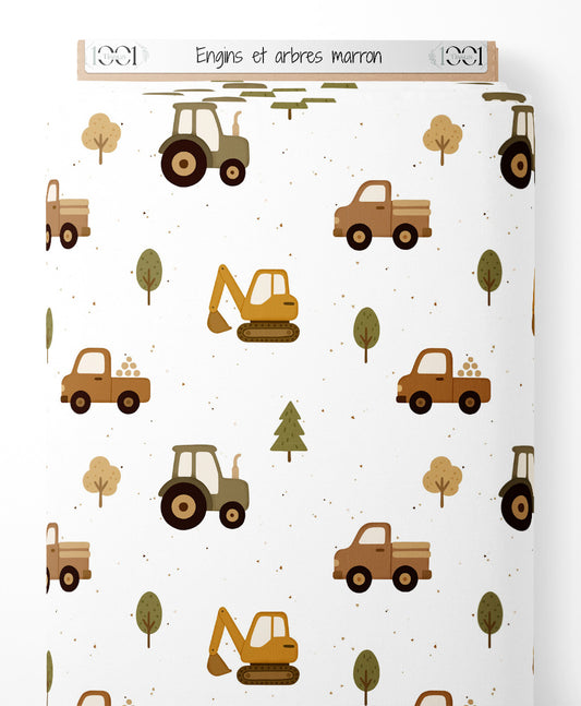 Tissu - Engins et arbres marron