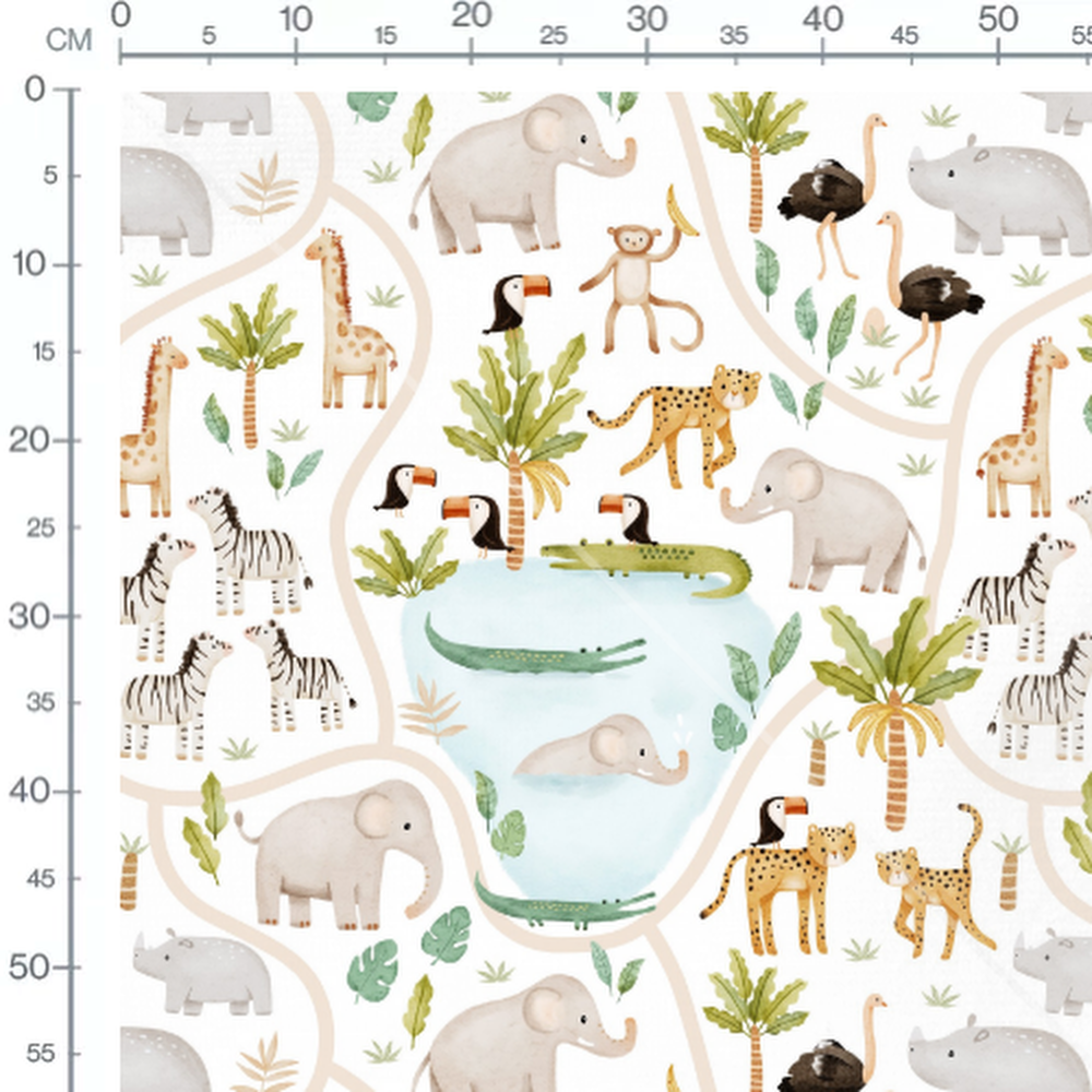 Tissu - Animaux et palmiers sur blanc