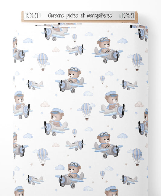 Tissu - Oursons pilotes et montgolfières