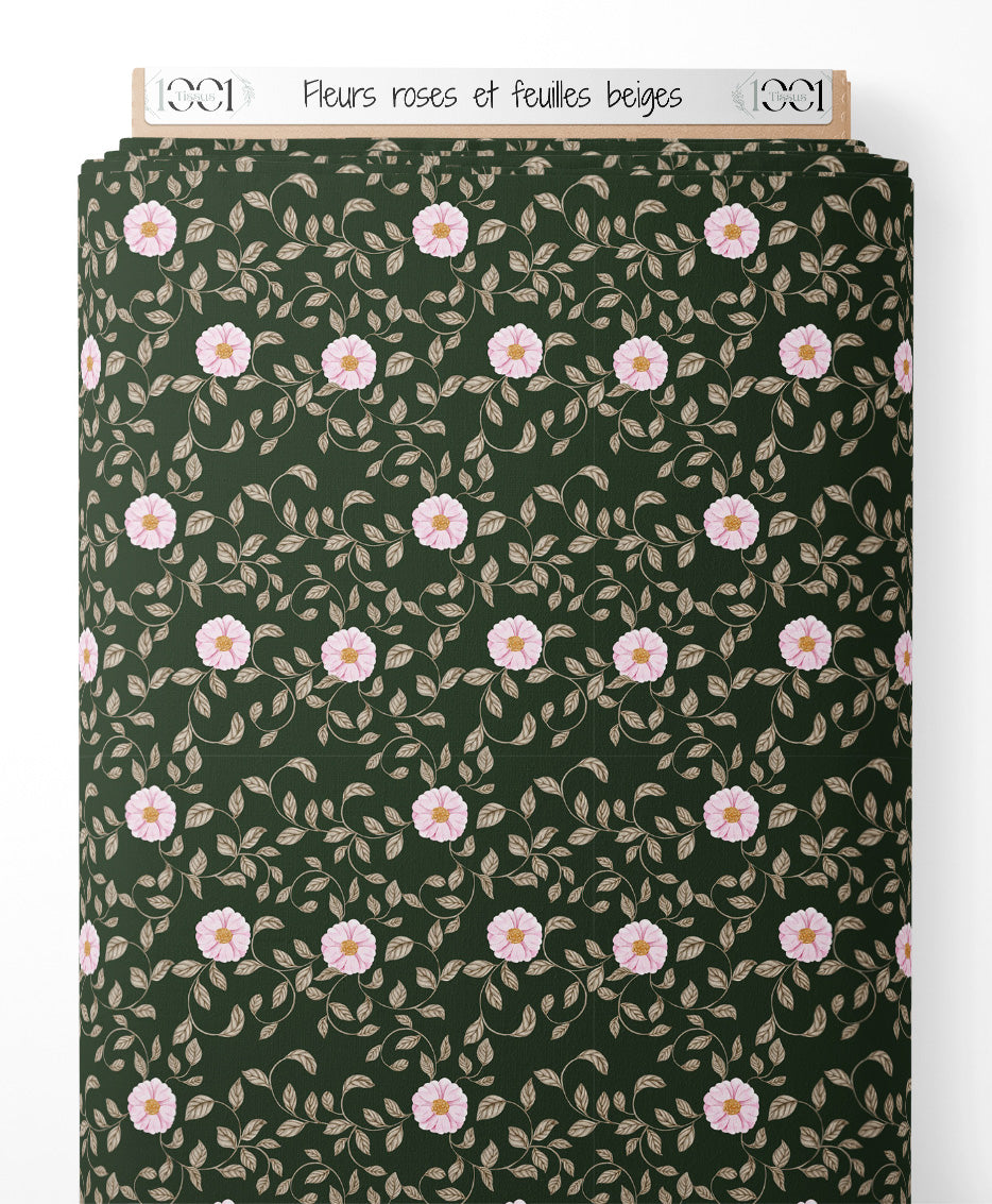 Tissu - Fleurs roses et feuilles beiges