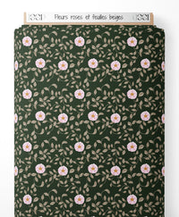 Tissu - Fleurs roses et feuilles beiges