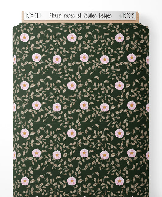 Tissu - Fleurs roses et feuilles beiges