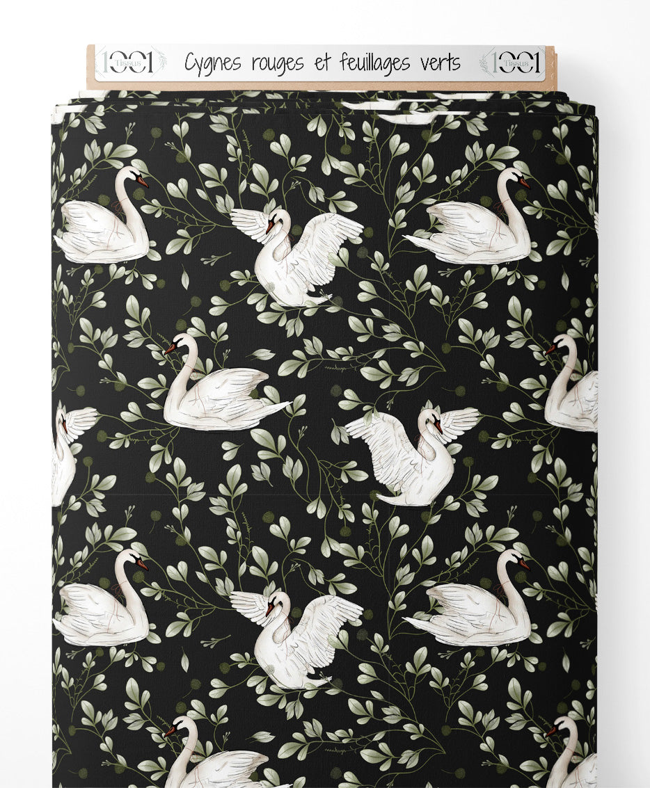 Tissu - Cygnes rouges et feuillages verts