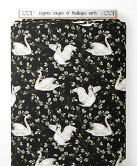Tissu - Cygnes rouges et feuillages verts
