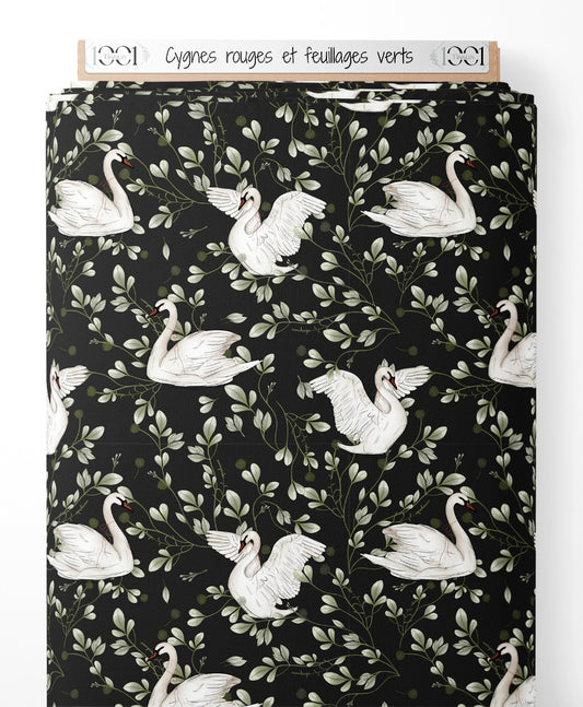 Tissu - Cygnes rouges et feuillages verts