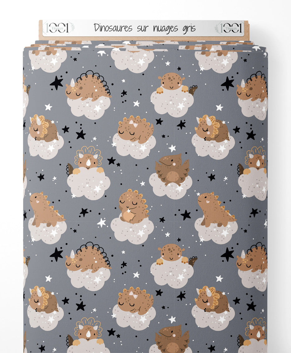 Tissu - Dinosaures sur nuages gris
