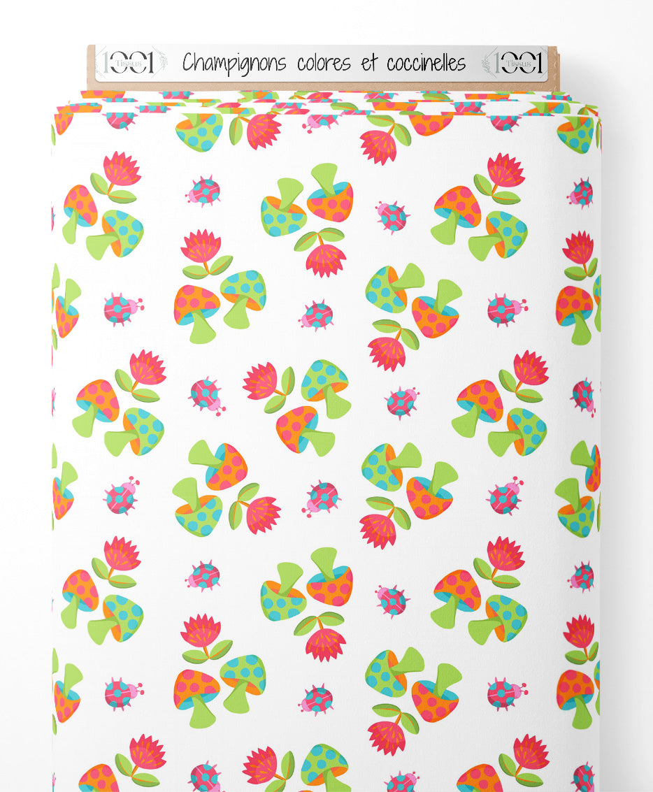Tissu - Champignons colorés et coccinelles