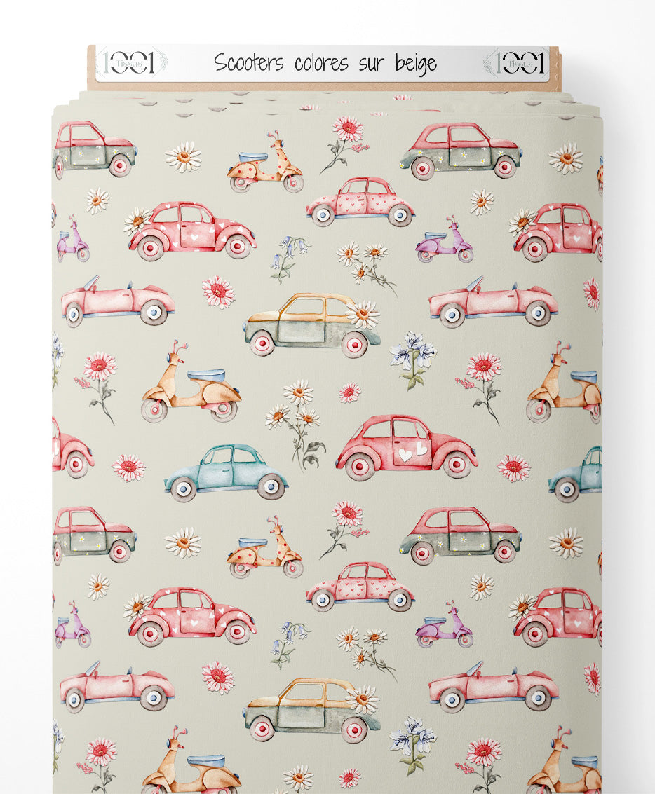 Tissu - Scooters colorés sur beige