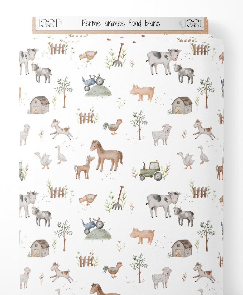 Tissu - Ferme animée sur fond blanc