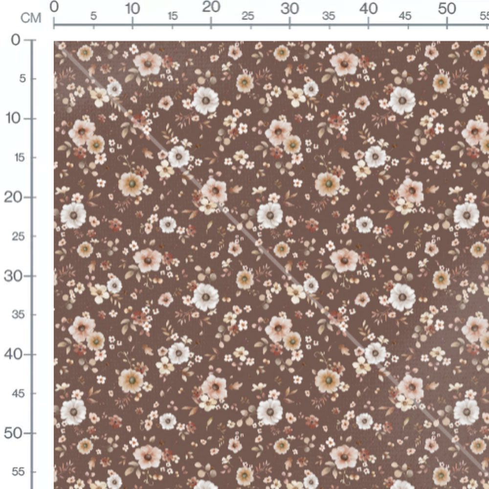 Tissu - Fleurs blanches et roses sur brun