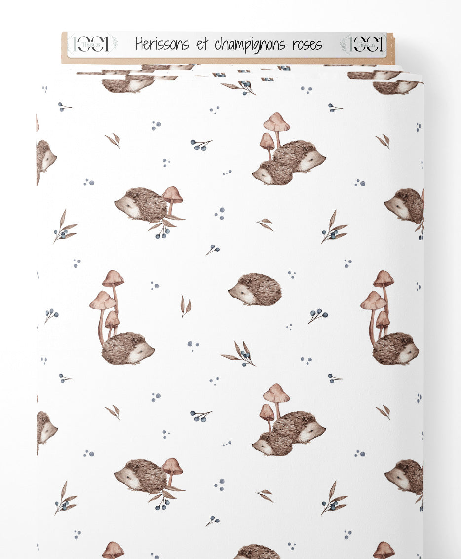 Tissu - Hérissons et champignons roses