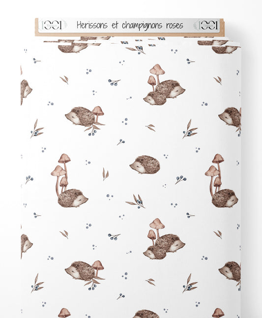 Tissu - Hérissons et champignons roses