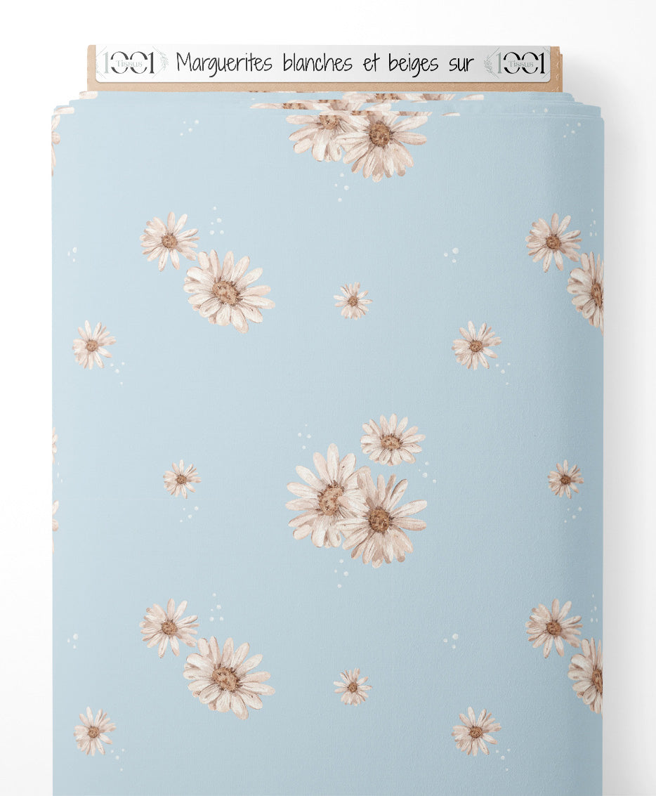 Tissu - Marguerites blanches et beiges sur