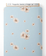 Tissu - Marguerites blanches et beiges sur